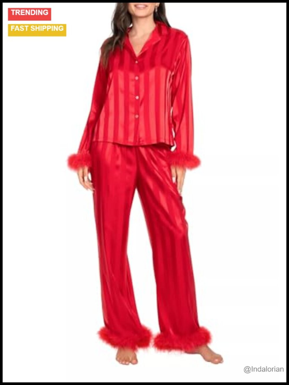 Feather Trim Silk Button Down Pajama Set Fur Patchwork Sleepwear